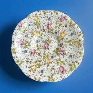 Rosina Bone China Saucer “June" 4974-A  Yellow & Pink Flowers Tan Dots Gold Trim